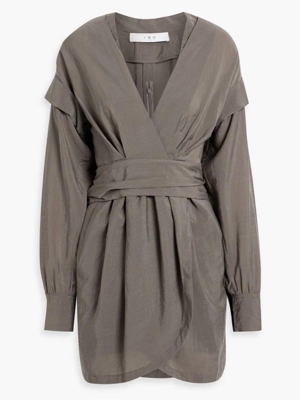 IRO Olive-Grey Wrap Waist Long-Sleeve Mini Dress